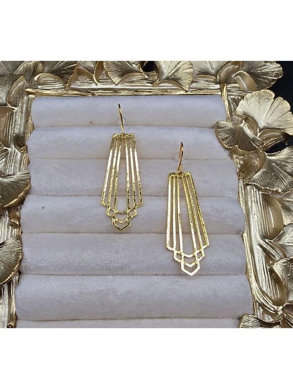 Elegant Gold Tone Art Deco Geometric Drop Earrings